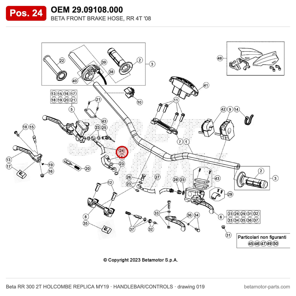 BETA FRONT BRAKE HOSE, RR 4T '08 – OEM 29.09108.000, position 24 on the Beta RR 300 2T HOLCOMBE REPLICA MY19 handlebar/controls drawing