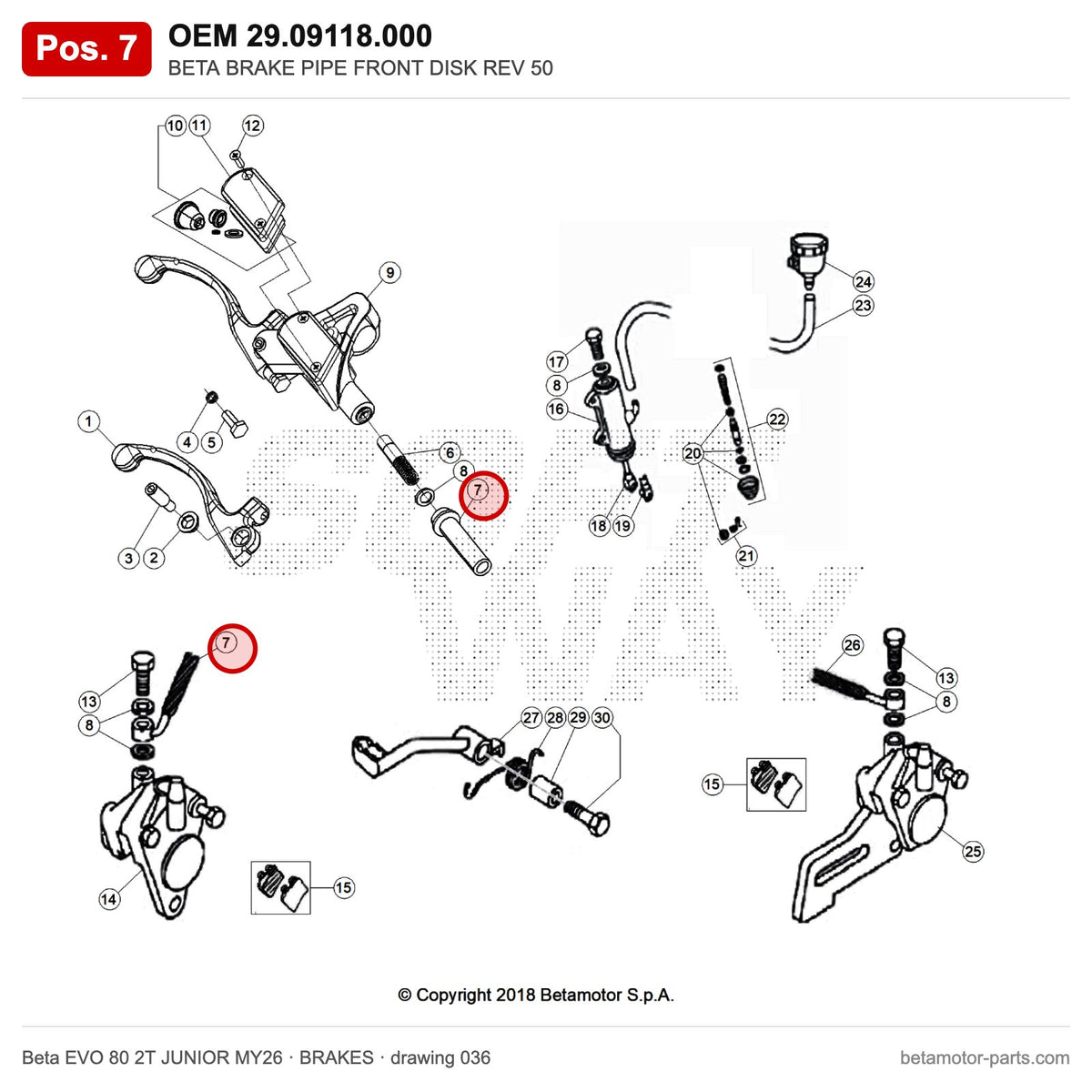 BETA BRAKE PIPE FRONT DISK REV 50 – OEM 29.09118.000, position 7 on the Beta EVO 80 2T JUNIOR MY26 brakes drawing