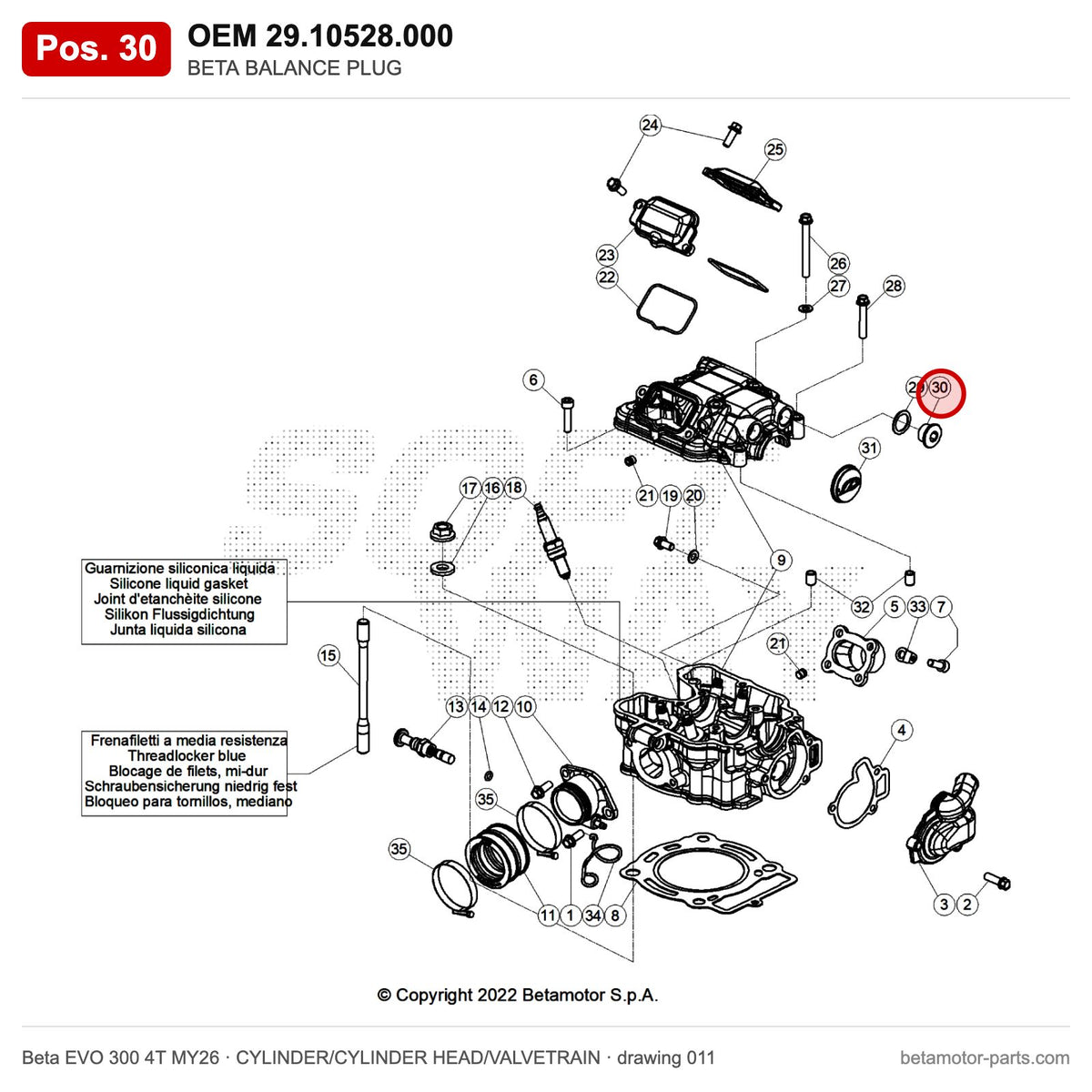 BETA BALANCE PLUG – OEM 29.10528.000, position 30 on the Beta EVO 300 4T MY26 cylinder/cylinder head/valvetrain drawing