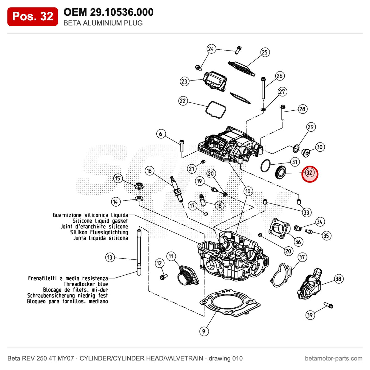 BETA ALUMINIUM PLUG – OEM 29.10536.000, position 32 on the Beta REV 250 4T MY07 cylinder/cylinder head/valvetrain drawing