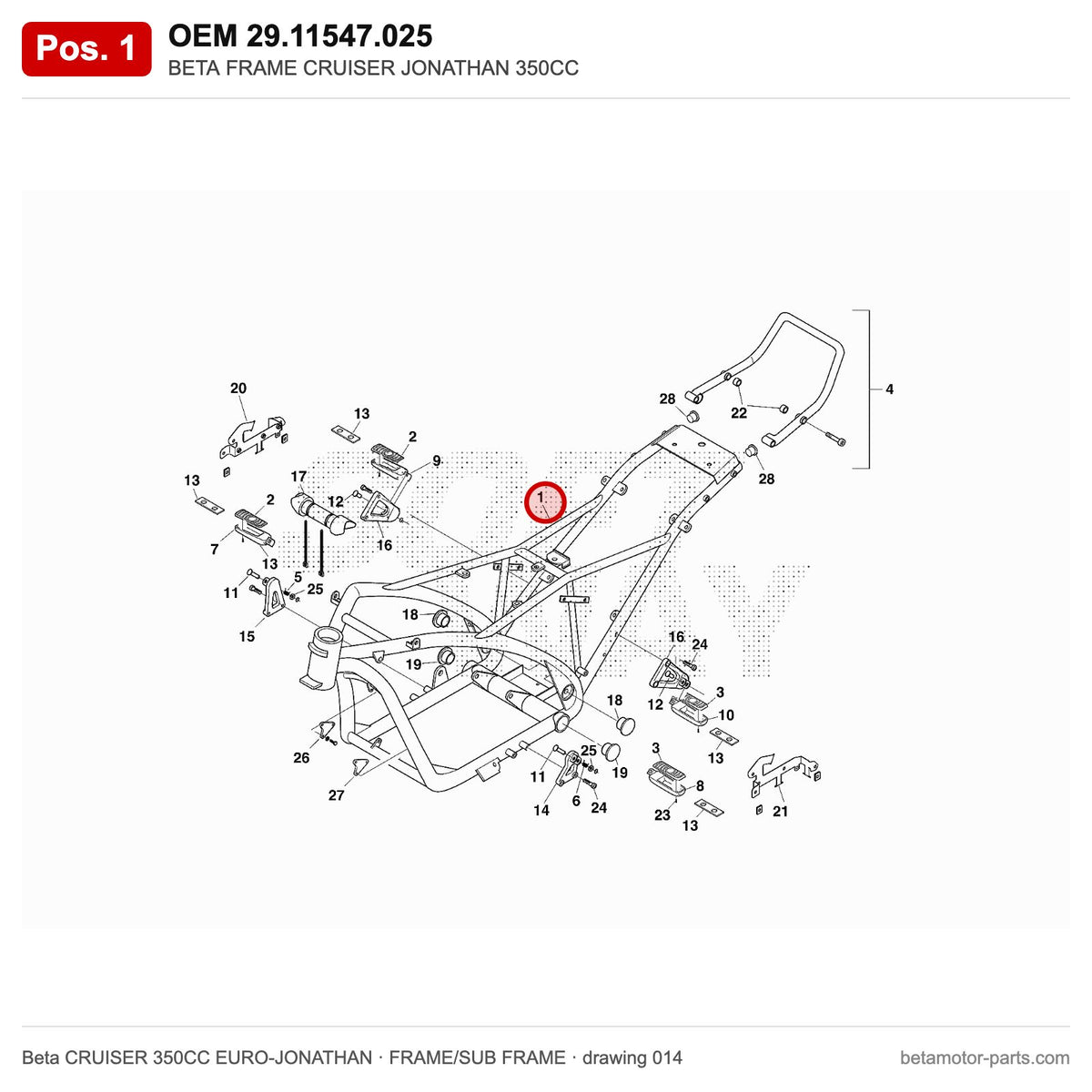 BETA FRAME CRUISER JONATHAN 350CC – OEM 29.11547.025, position 1 on the Beta CRUISER 350CC EURO-JONATHAN frame/sub frame drawing