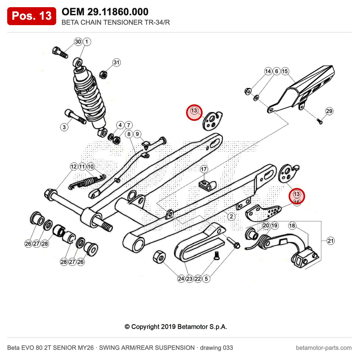 BETA CHAIN TENSIONER TR-34/R – OEM 29.11860.000, position 13 on the Beta EVO 80 2T SENIOR MY26 swing arm/rear suspension drawing