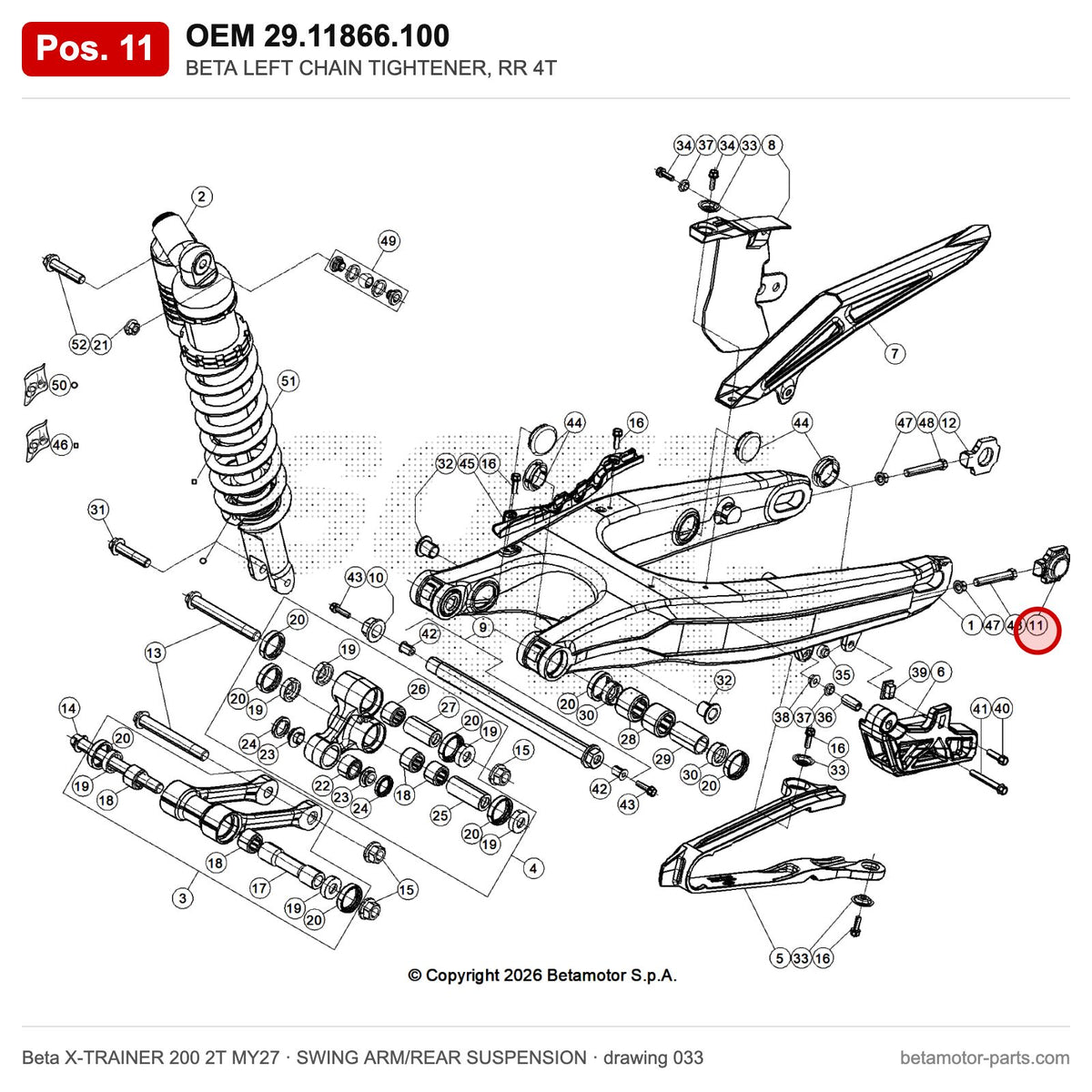 BETA LEFT CHAIN TIGHTENER, RR 4T – OEM 29.11866.100, position 11 on the Beta X-TRAINER 200 2T MY27 swing arm/rear suspension drawing