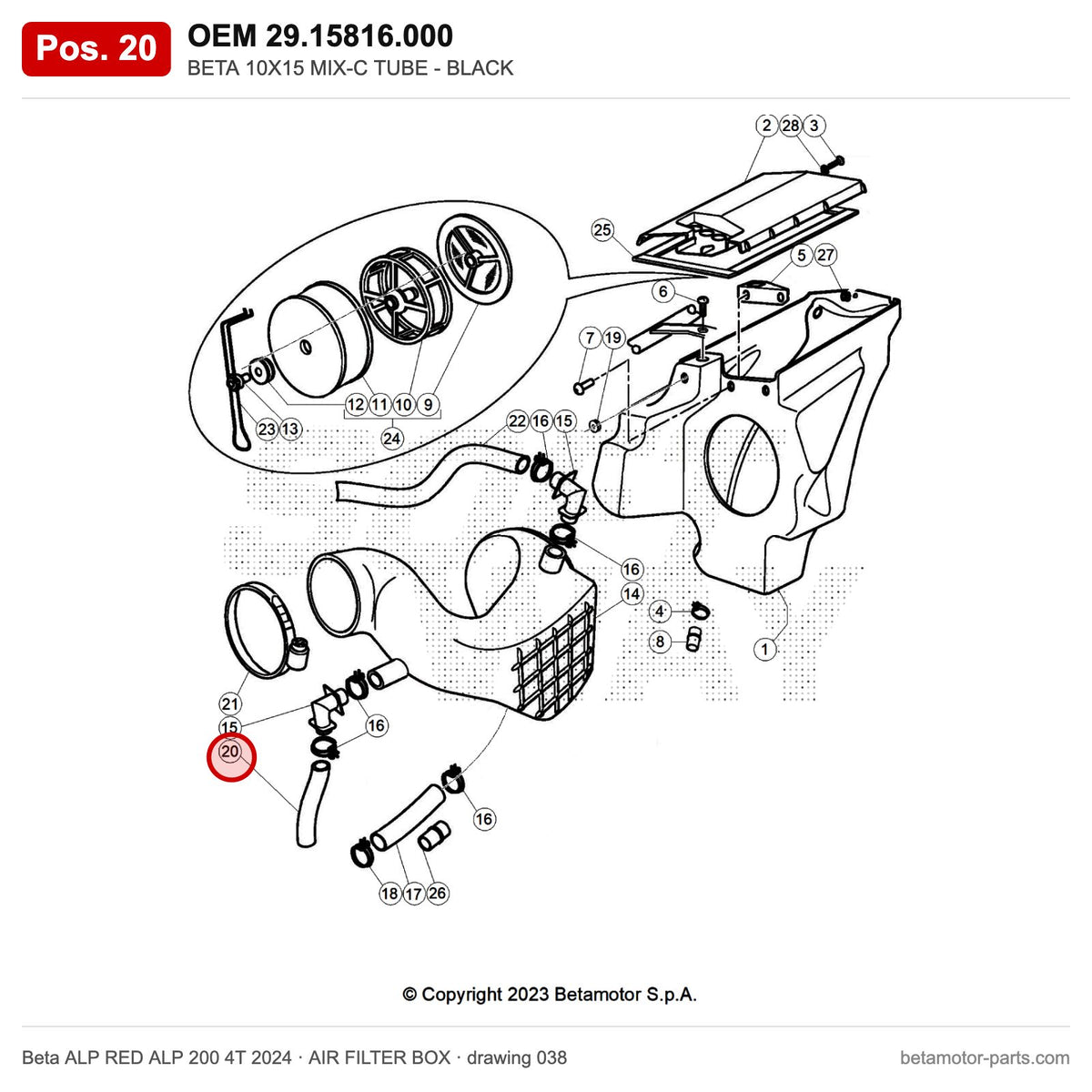 BETA 10X15 MIX-C TUBE - BLACK – OEM 29.15816.000, position 20 on the Beta ALP RED ALP 200 4T 2024 air filter box drawing