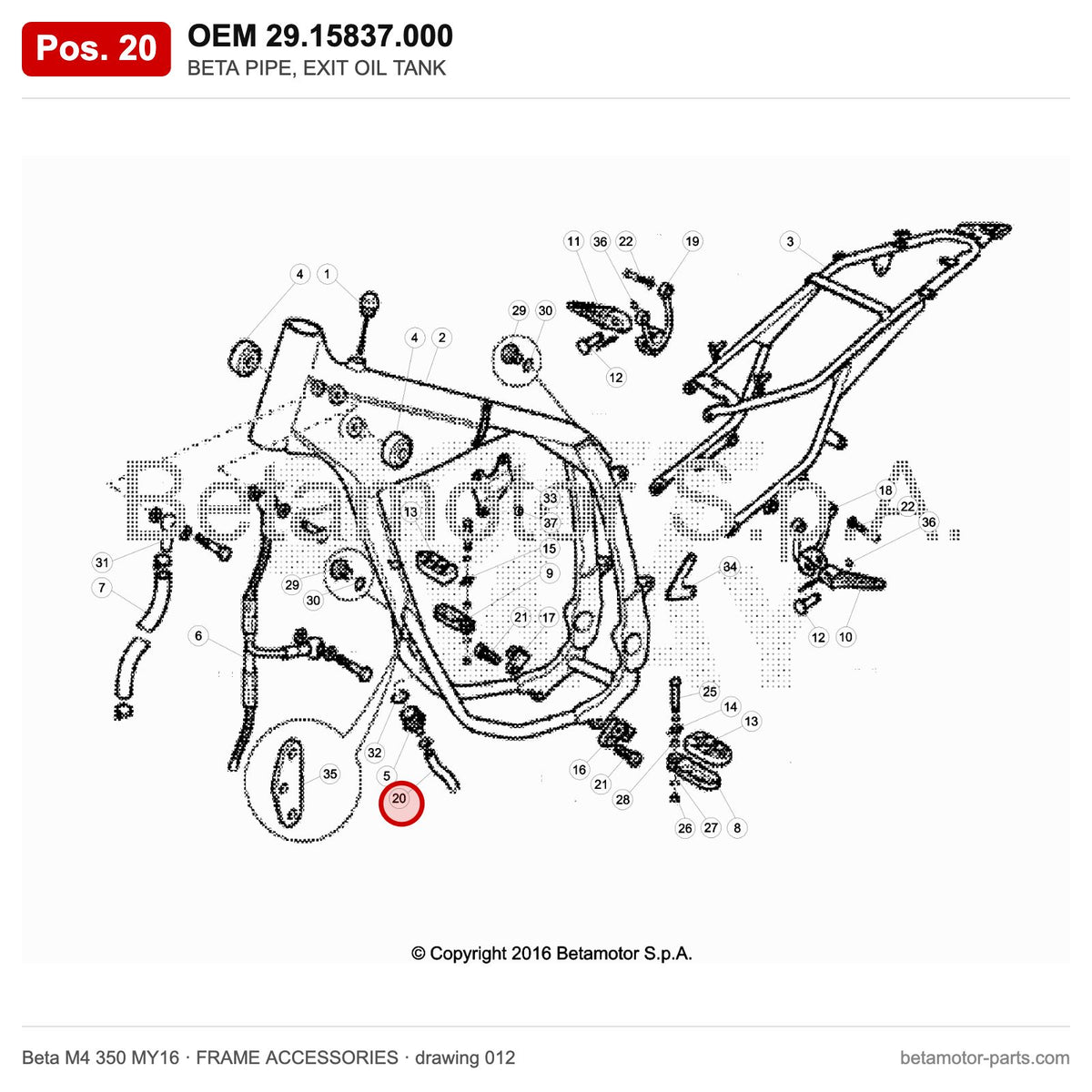 BETA PIPE, EXIT OIL TANK – OEM 29.15837.000, position 20 on the Beta M4 350 MY16 frame accessories drawing