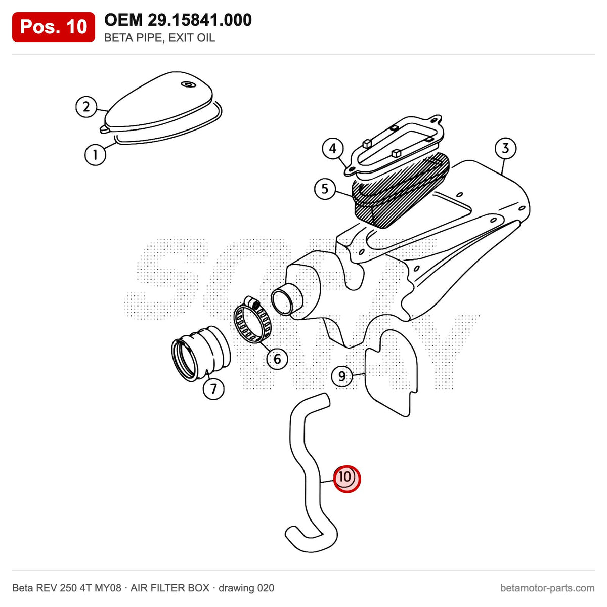 BETA PIPE, EXIT OIL – OEM 29.15841.000, position 10 on the Beta REV 250 4T MY08 air filter box drawing