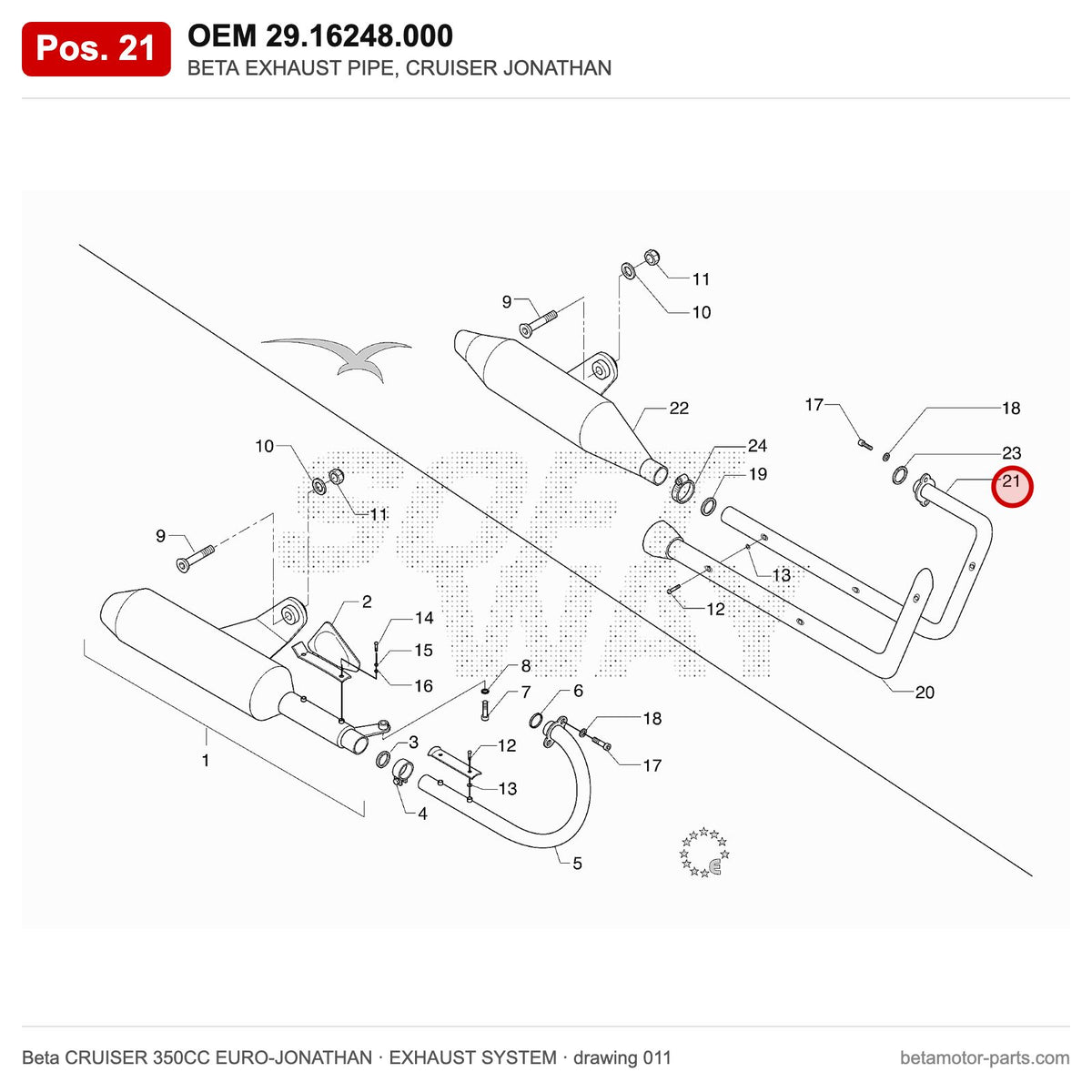 BETA EXHAUST PIPE, CRUISER JONATHAN – OEM 29.16248.000, position 21 on the Beta CRUISER 350CC EURO-JONATHAN exhaust system drawing