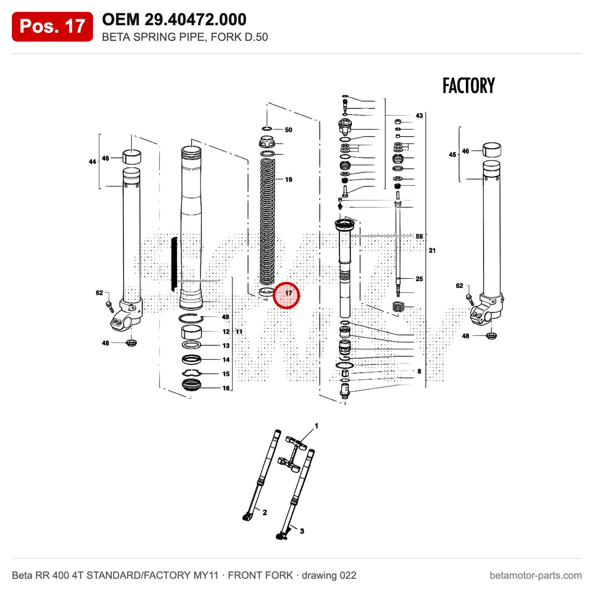 BETA SPRING PIPE, FORK D.50 – OEM 29.40472.000, position 17 on the Beta RR 400 4T STANDARD/FACTORY MY11 front fork drawing
