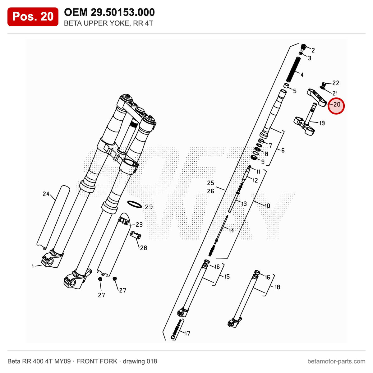 BETA UPPER YOKE, RR 4T – OEM 29.50153.000, position 20 on the Beta RR 400 4T MY09 front fork drawing