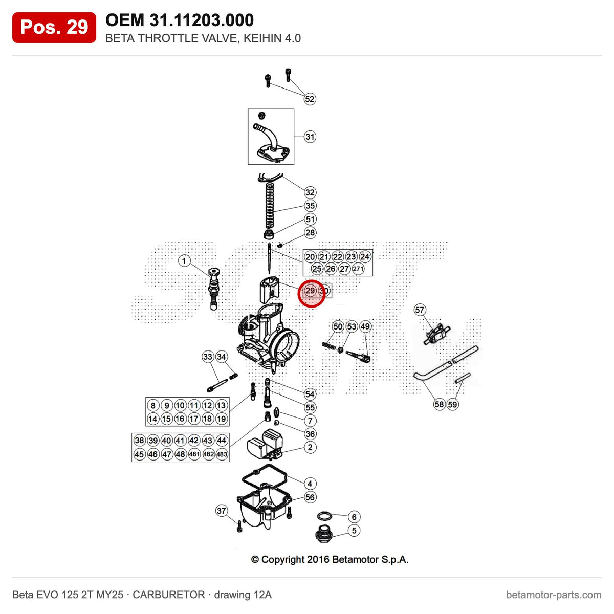 BETA THROTTLE VALVE, KEIHIN 4.0 – OEM 31.11203.000, position 29 on the Beta EVO 125 2T MY25 carburetor drawing
