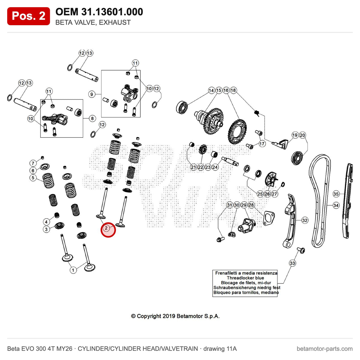 BETA VALVE, EXHAUST – OEM 31.13601.000, position 2 on the Beta EVO 300 4T MY26 cylinder/cylinder head/valvetrain drawing