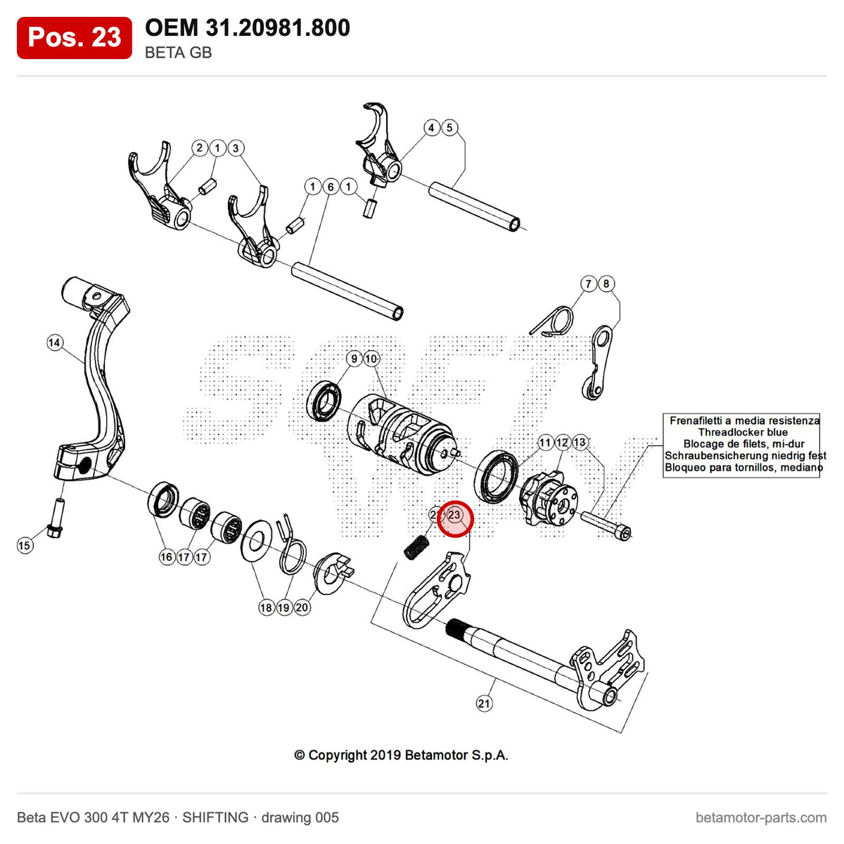 BETA GB – OEM 31.20981.800, position 23 on the Beta EVO 300 4T MY26 shifting drawing