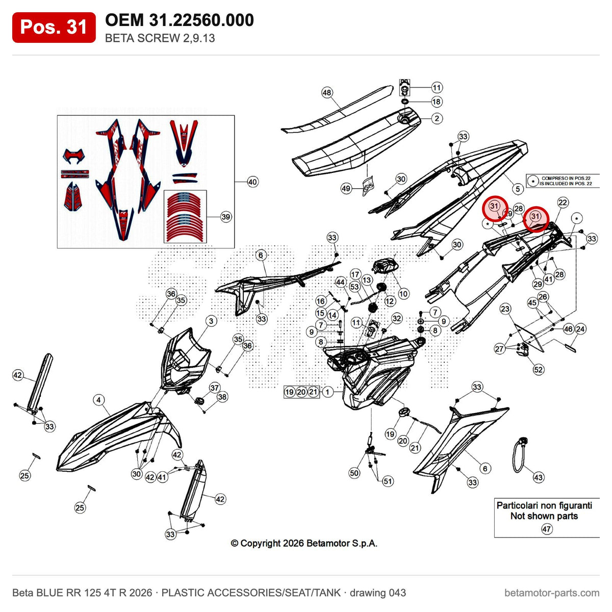BETA SCREW 2,9.13 – OEM 31.22560.000, position 31 on the Beta BLUE RR 125 4T R 2026 plastic accessories/seat/tank drawing