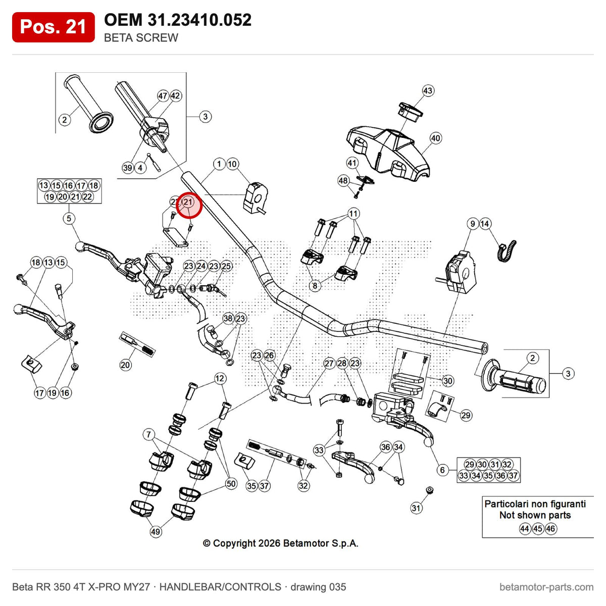 BETA SCREW – OEM 31.23410.052, position 21 on the Beta RR 350 4T X-PRO MY27 handlebar/controls drawing