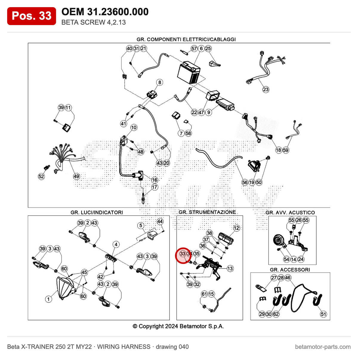 BETA SCREW 4,2.13 – OEM 31.23600.000, position 33 on the Beta X-TRAINER 250 2T MY22 wiring harness drawing