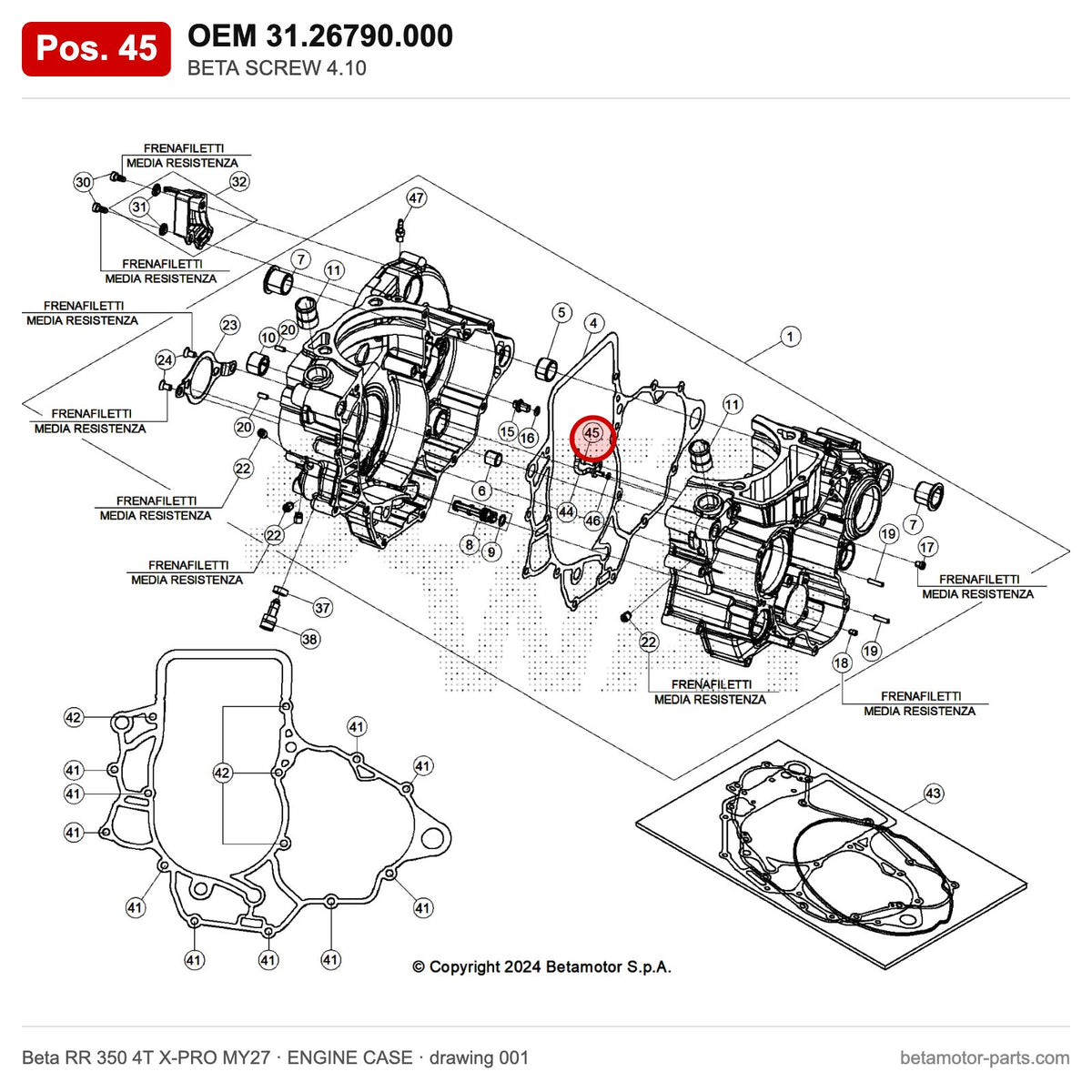 BETA SCREW 4.10 – OEM 31.26790.000, position 45 on the Beta RR 350 4T X-PRO MY27 engine case drawing