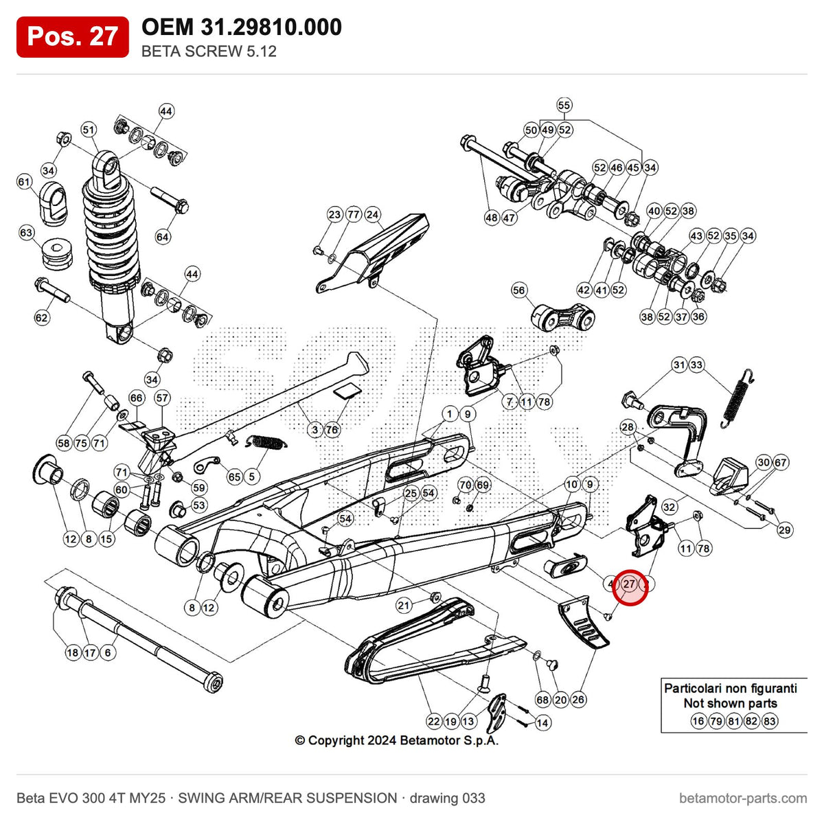 BETA SCREW 5.12 – OEM 31.29810.000, position 27 on the Beta EVO 300 4T MY25 swing arm/rear suspension drawing
