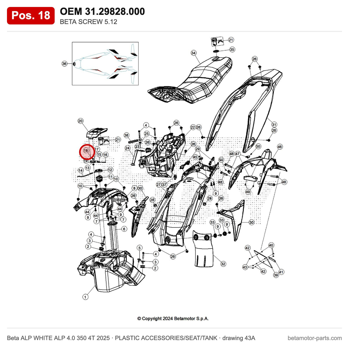 BETA SCREW 5.12 – OEM 31.29828.000, position 18 on the Beta ALP WHITE ALP 4.0 350 4T 2025 plastic accessories/seat/tank drawing