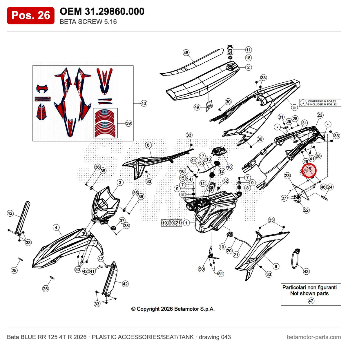 BETA SCREW 5.16 – OEM 31.29860.000, position 26 on the Beta BLUE RR 125 4T R 2026 plastic accessories/seat/tank drawing