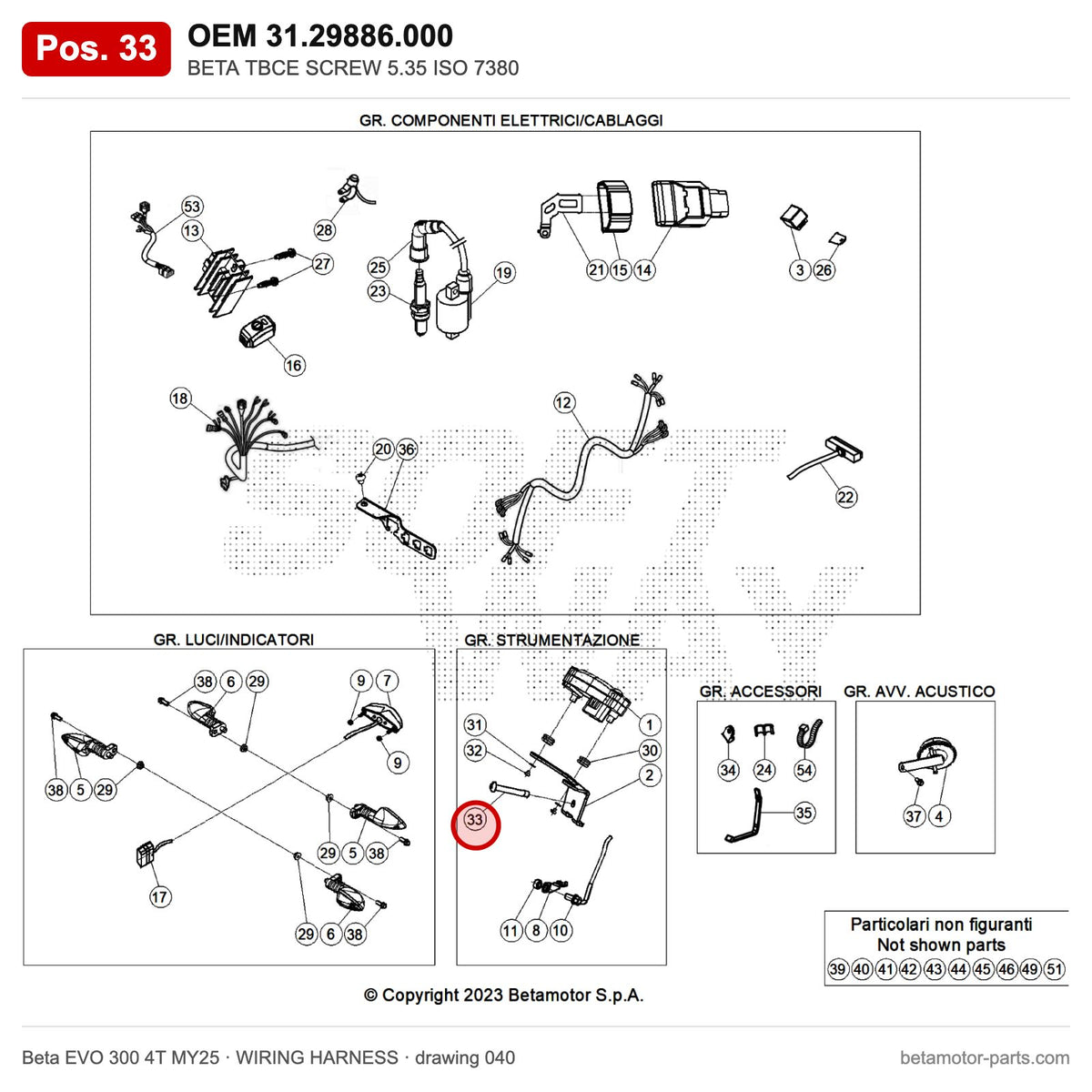 BETA TBCE SCREW 5.35 ISO 7380 – OEM 31.29886.000, position 33 on the Beta EVO 300 4T MY25 wiring harness drawing