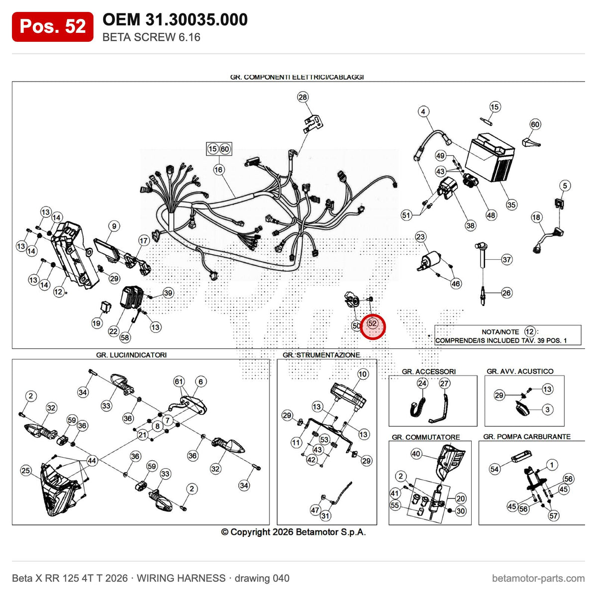 BETA SCREW 6.16 – OEM 31.30035.000, position 52 on the Beta X RR 125 4T T 2026 wiring harness drawing