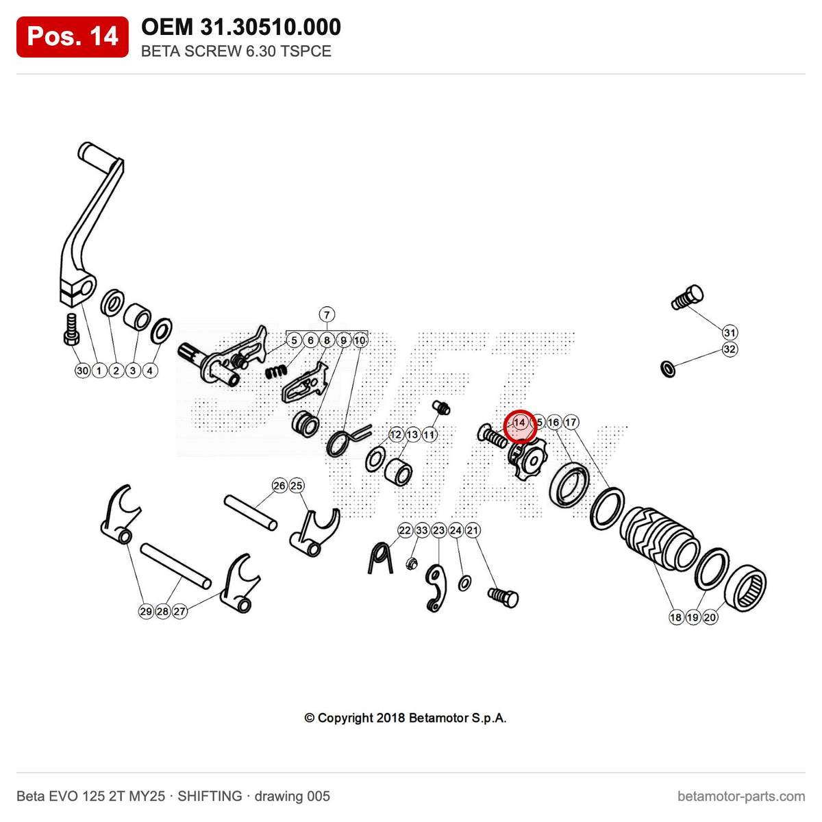 BETA SCREW 6.30 TSPCE – OEM 31.30510.000, position 14 on the Beta EVO 125 2T MY25 shifting drawing