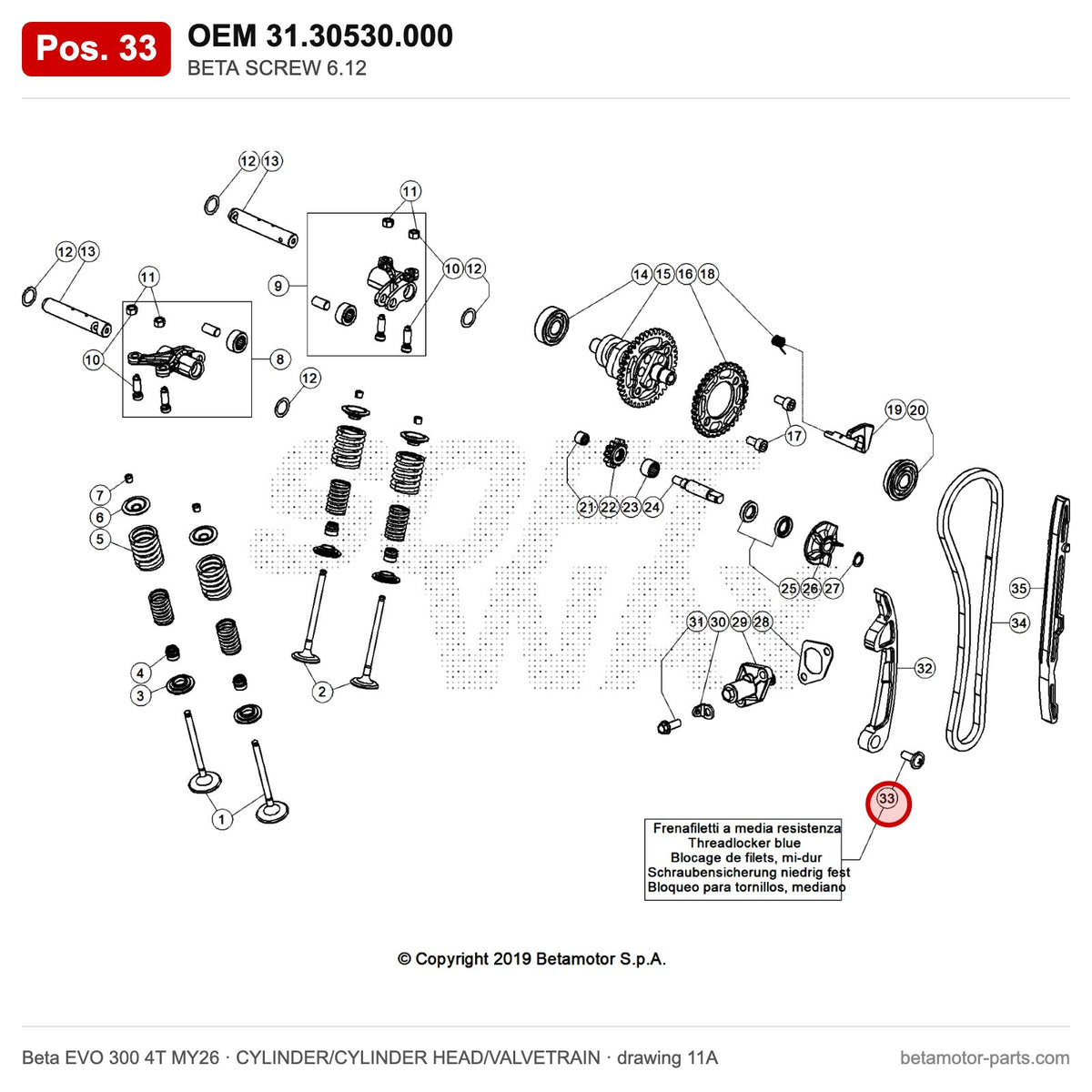 BETA SCREW 6.12 – OEM 31.30530.000, position 33 on the Beta EVO 300 4T MY26 cylinder/cylinder head/valvetrain drawing