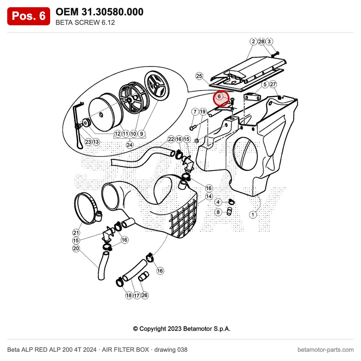 BETA SCREW 6.12 – OEM 31.30580.000, position 6 on the Beta ALP RED ALP 200 4T 2024 air filter box drawing