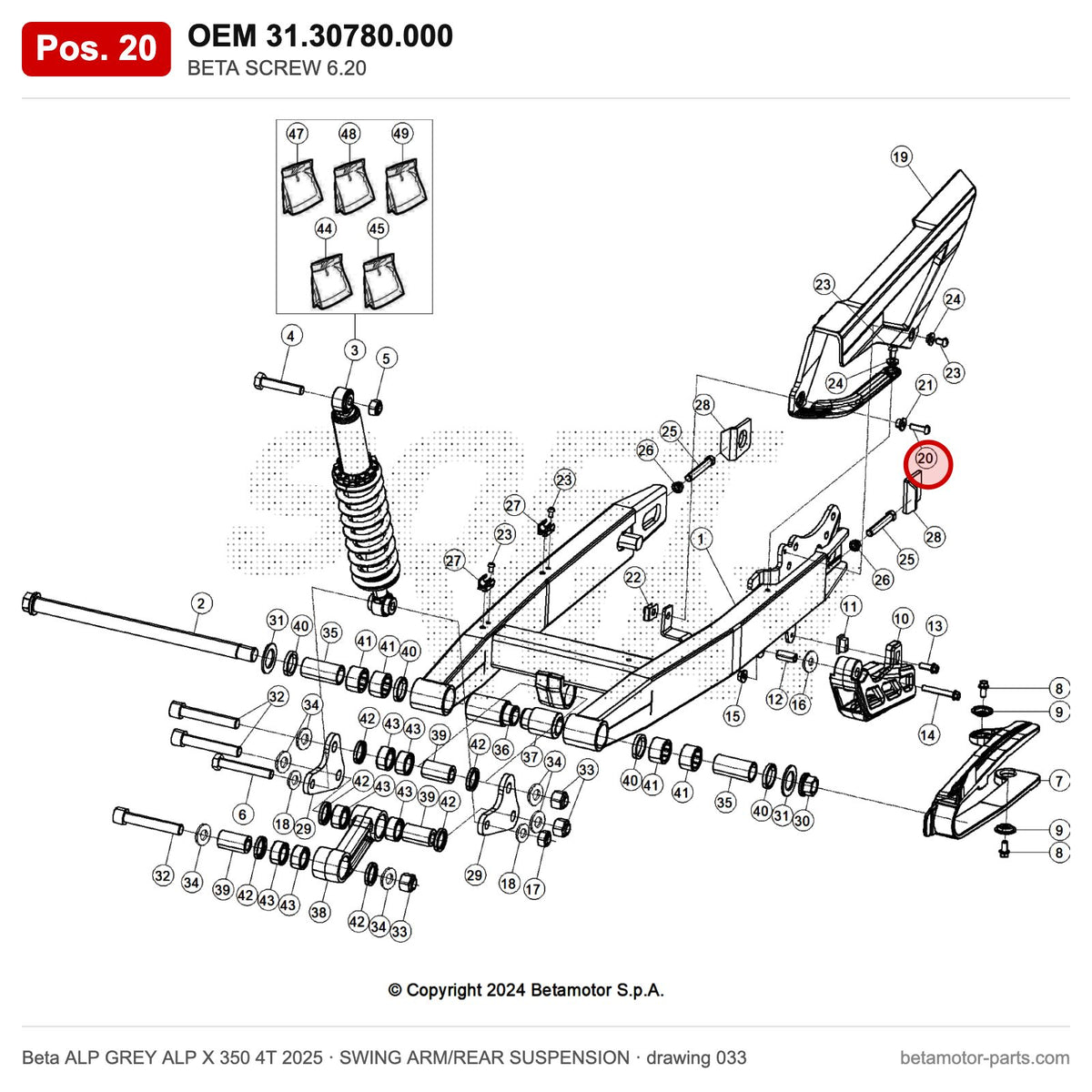 BETA SCREW 6.20 – OEM 31.30780.000, position 20 on the Beta ALP GREY ALP X 350 4T 2025 swing arm/rear suspension drawing