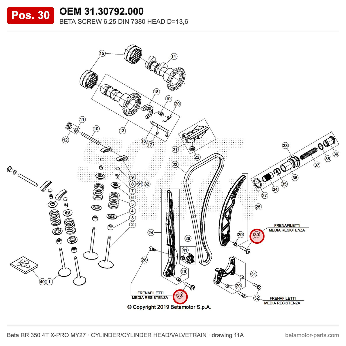 BETA SCREW 6.25 DIN 7380 HEAD D=13,6 – OEM 31.30792.000, position 30 on the Beta RR 350 4T X-PRO MY27 cylinder/cylinder head/valvetrain drawing