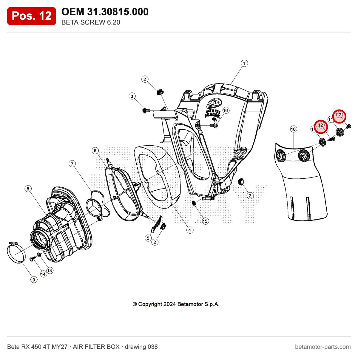 BETA SCREW 6.20 – OEM 31.30815.000, position 12 on the Beta RX 450 4T MY27 air filter box drawing