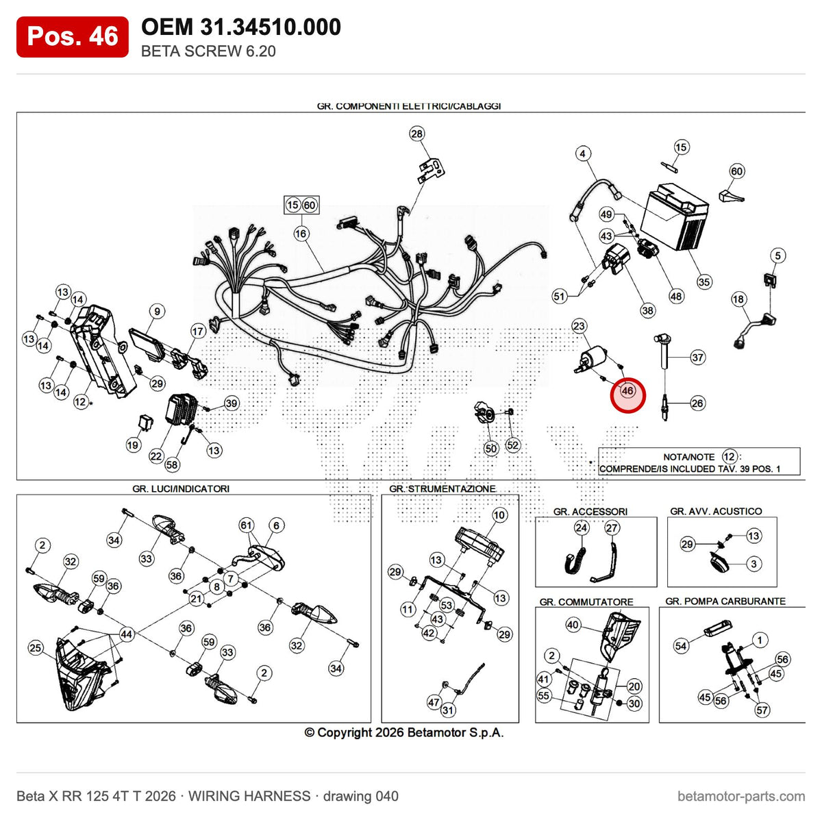 BETA SCREW 6.20 – OEM 31.34510.000, position 46 on the Beta X RR 125 4T T 2026 wiring harness drawing