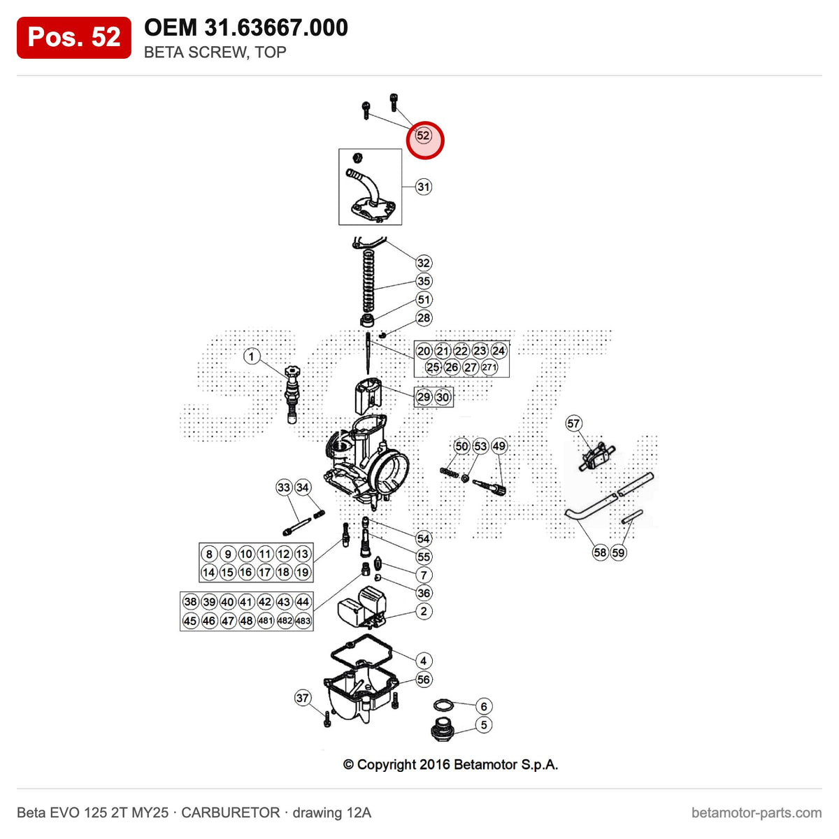 BETA SCREW, TOP – OEM 31.63667.000, position 52 on the Beta EVO 125 2T MY25 carburetor drawing