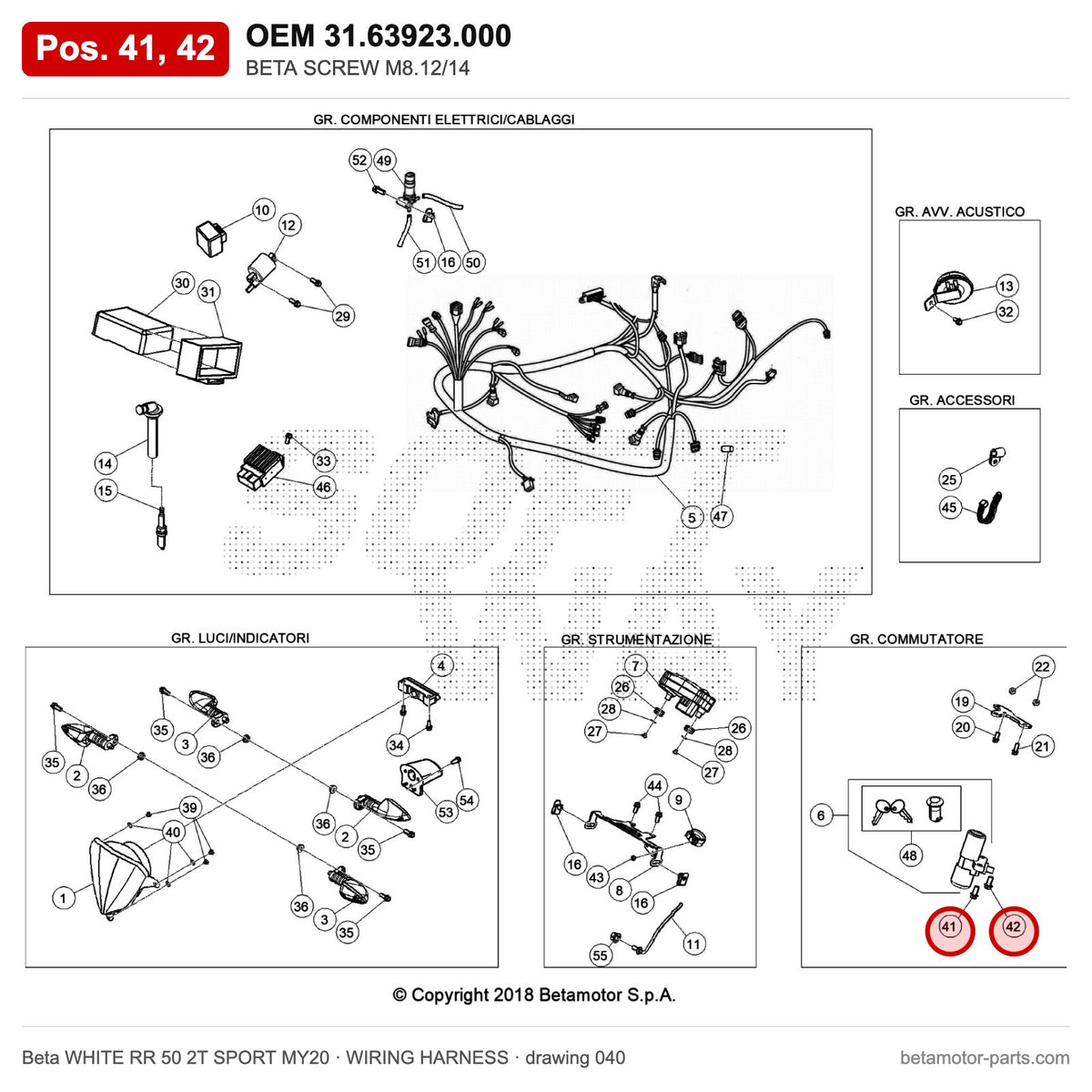 BETA SCREW M8.12/14 – OEM 31.63923.000, positions 41,42 on the Beta WHITE RR 50 2T SPORT MY20 wiring harness drawing