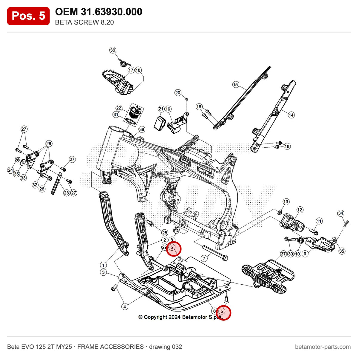 BETA SCREW 8.20 – OEM 31.63930.000, position 5 on the Beta EVO 125 2T MY25 frame accessories drawing