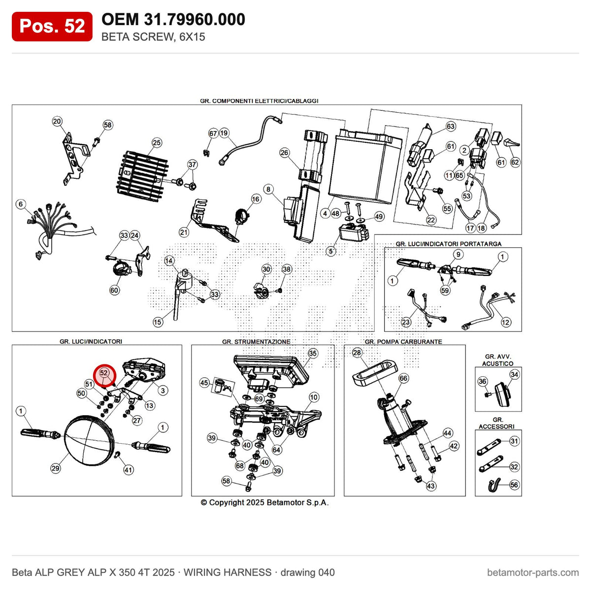 BETA SCREW, 6X15 – OEM 31.79960.000, position 52 on the Beta ALP GREY ALP X 350 4T 2025 wiring harness drawing
