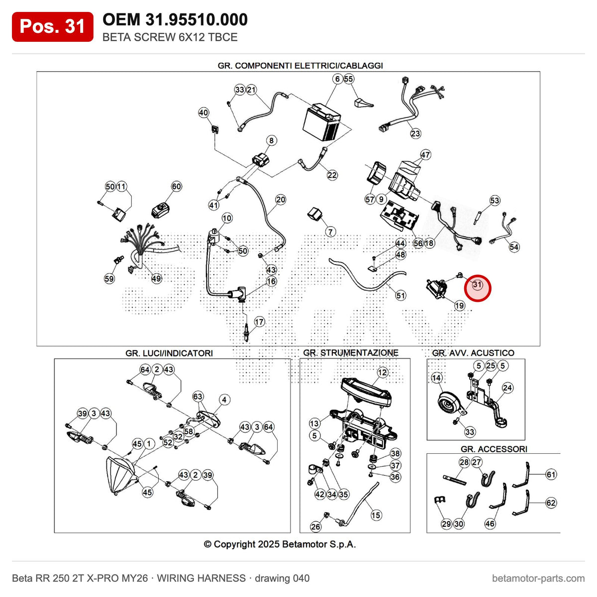 BETA SCREW 6X12 TBCE – OEM 31.95510.000, position 31 on the Beta RR 250 2T X-PRO MY26 wiring harness drawing