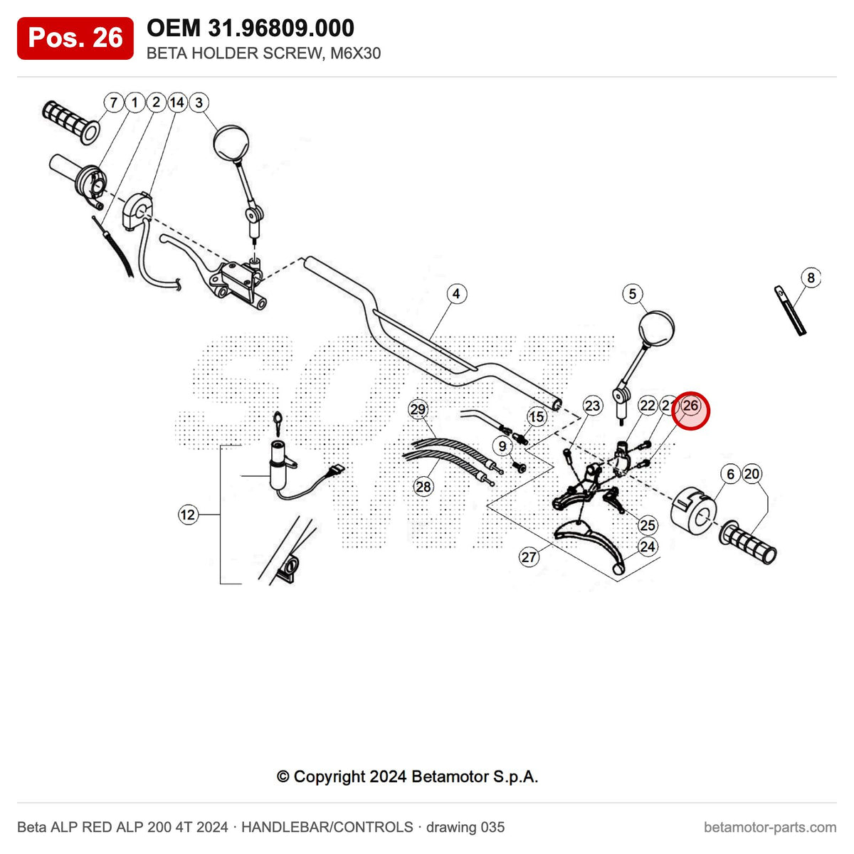 BETA HOLDER SCREW, M6X30 – OEM 31.96809.000, position 26 on the Beta ALP RED ALP 200 4T 2024 handlebar/controls drawing