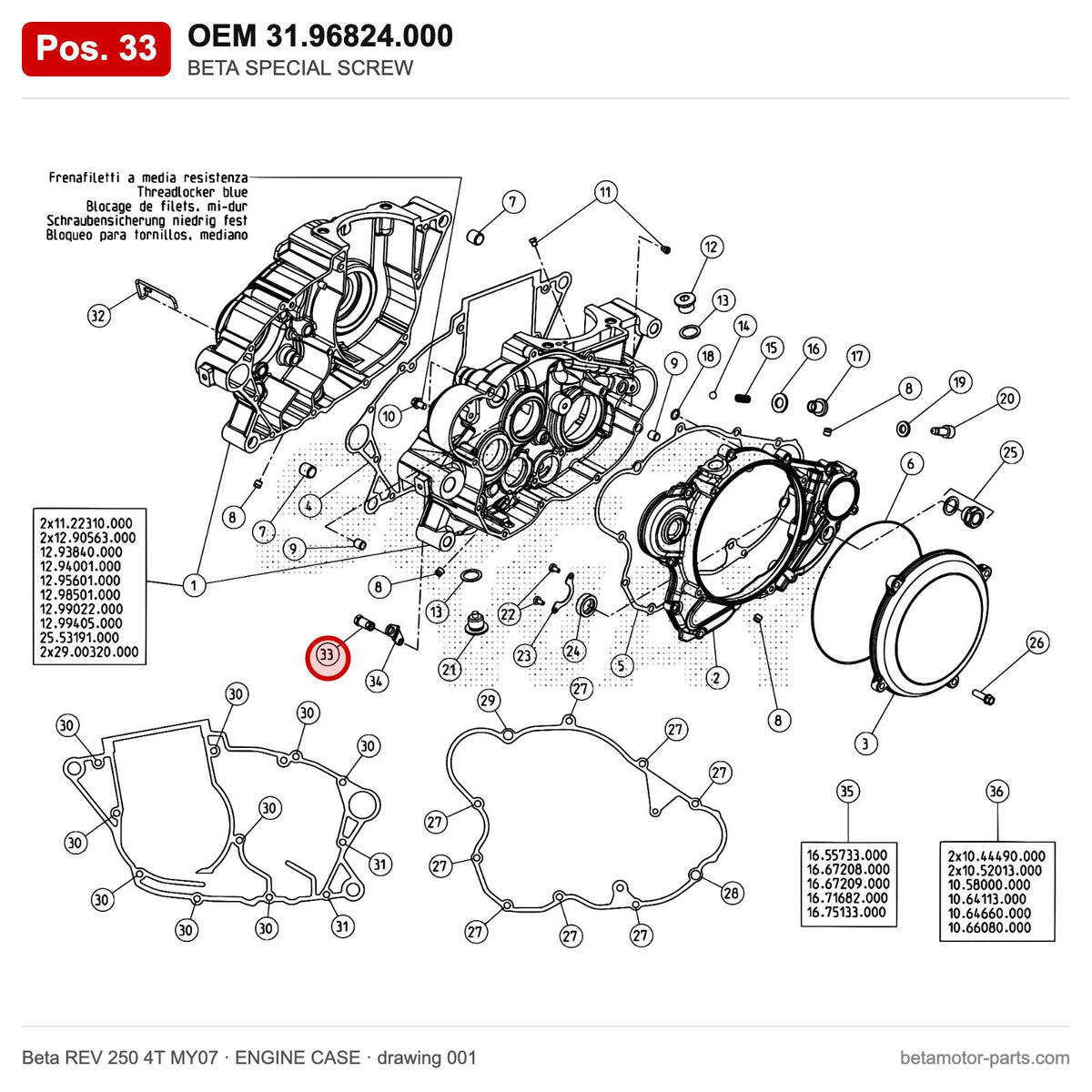 BETA SPECIAL SCREW – OEM 31.96824.000, position 33 on the Beta REV 250 4T MY07 engine case drawing
