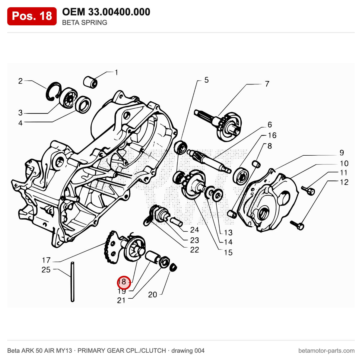 BETA SPRING – OEM 33.00400.000, position 18 on the Beta ARK 50 AIR MY13 primary gear cpl./clutch drawing