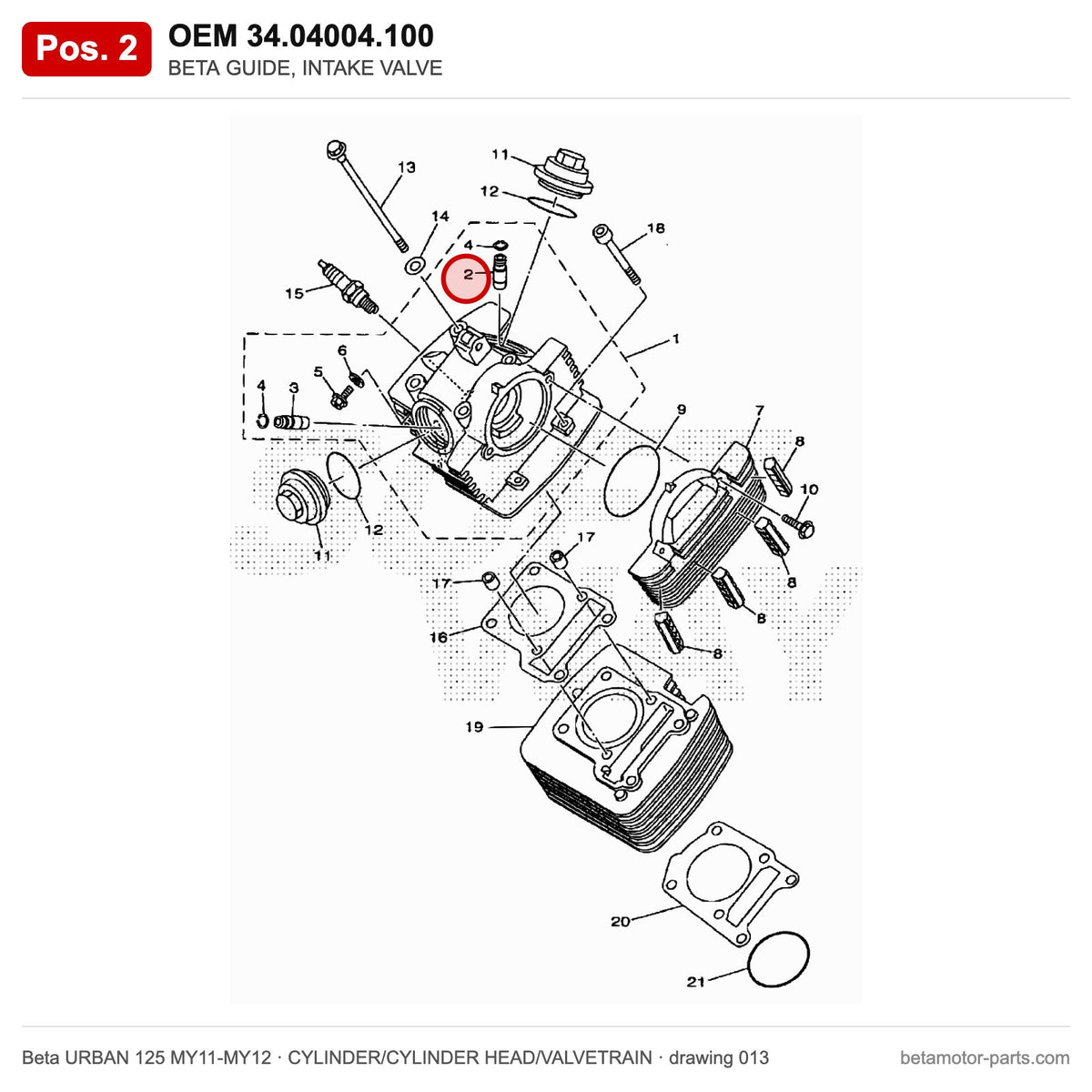 BETA GUIDE, INTAKE VALVE – OEM 34.04004.100, position 2 on the Beta URBAN 125 MY11-MY12 cylinder/cylinder head/valvetrain drawing