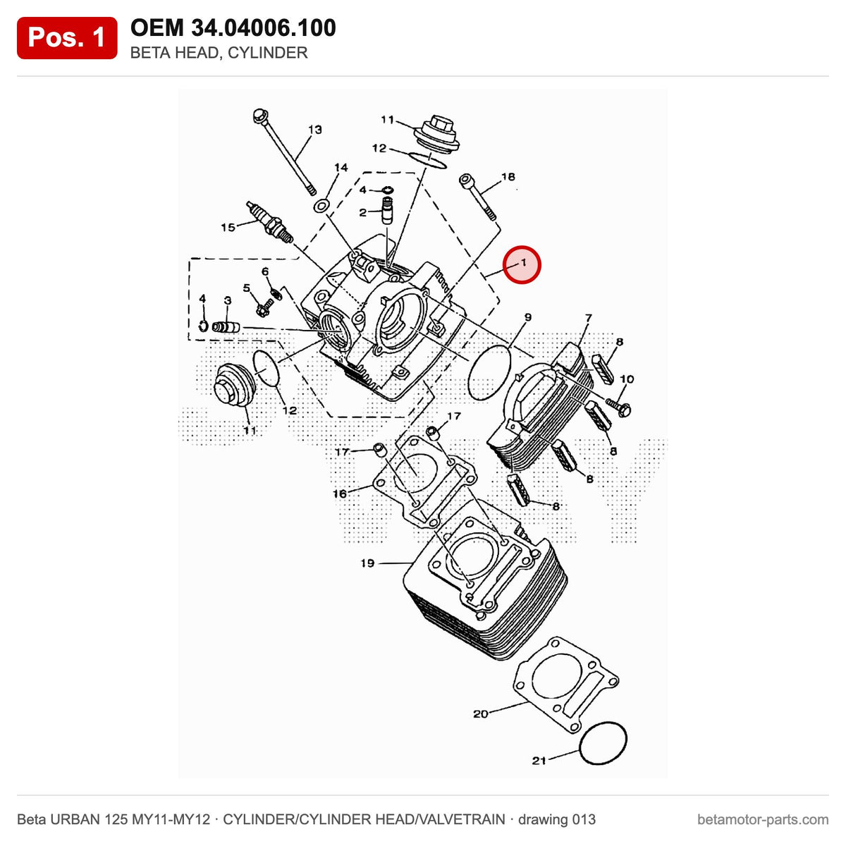 BETA HEAD, CYLINDER – OEM 34.04006.100, position 1 on the Beta URBAN 125 MY11-MY12 cylinder/cylinder head/valvetrain drawing