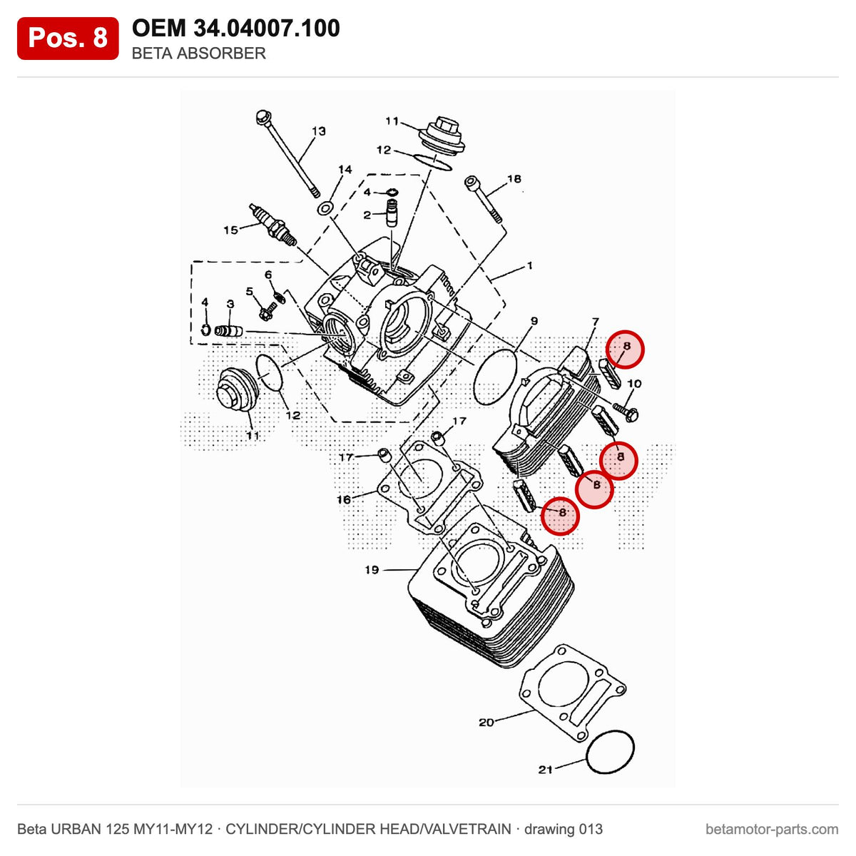 BETA ABSORBER – OEM 34.04007.100, position 8 on the Beta URBAN 125 MY11-MY12 cylinder/cylinder head/valvetrain drawing