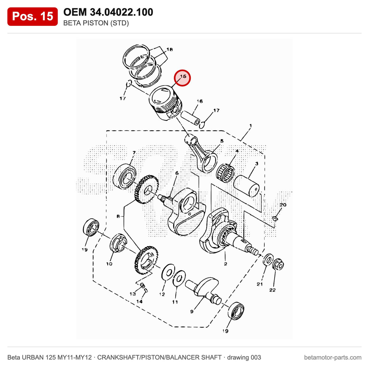BETA PISTON (STD) – OEM 34.04022.100, position 15 on the Beta URBAN 125 MY11-MY12 crankshaft/piston/balancer shaft drawing