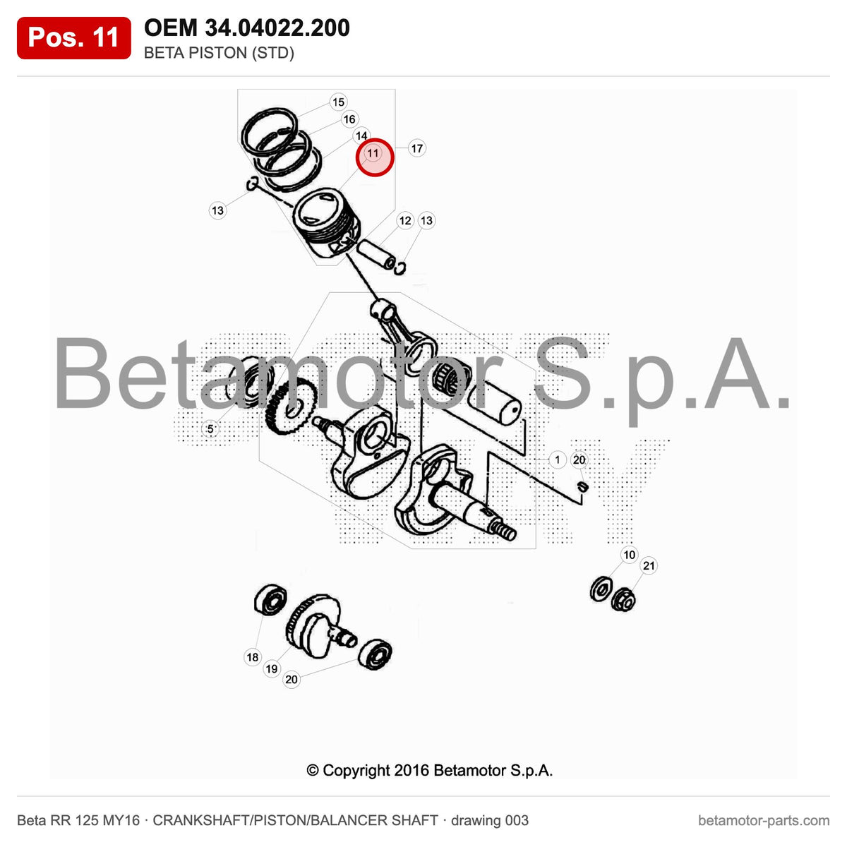 BETA PISTON (STD) – OEM 34.04022.200, position 11 on the Beta RR 125 MY16 crankshaft/piston/balancer shaft drawing