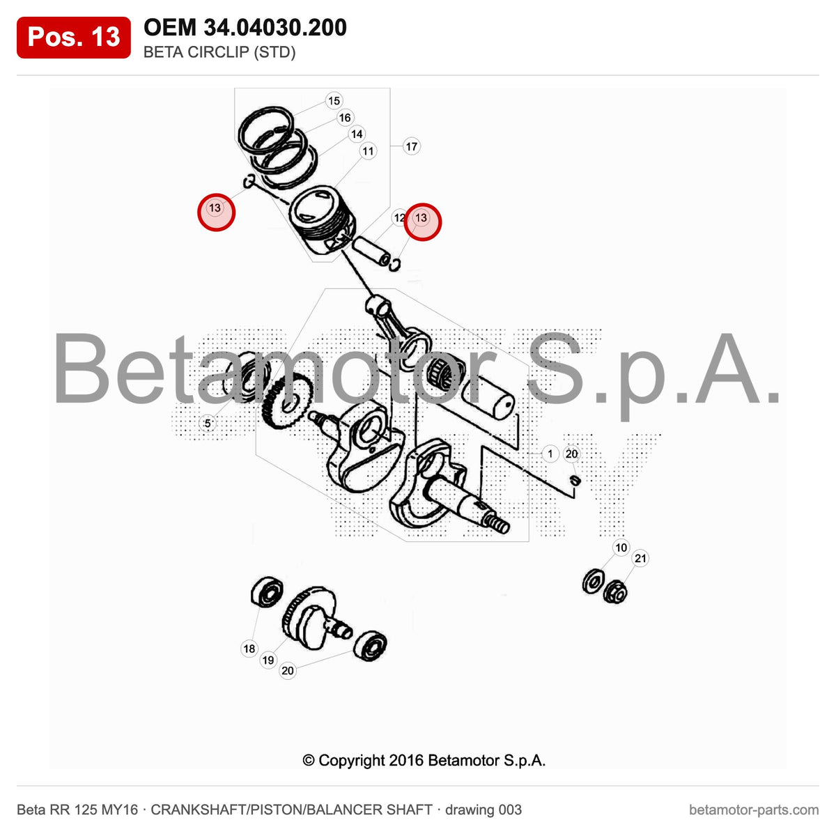BETA CIRCLIP (STD) – OEM 34.04030.200, position 13 on the Beta RR 125 MY16 crankshaft/piston/balancer shaft drawing