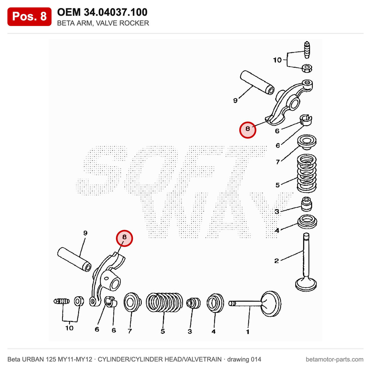 BETA ARM, VALVE ROCKER – OEM 34.04037.100, position 8 on the Beta URBAN 125 MY11-MY12 cylinder/cylinder head/valvetrain drawing
