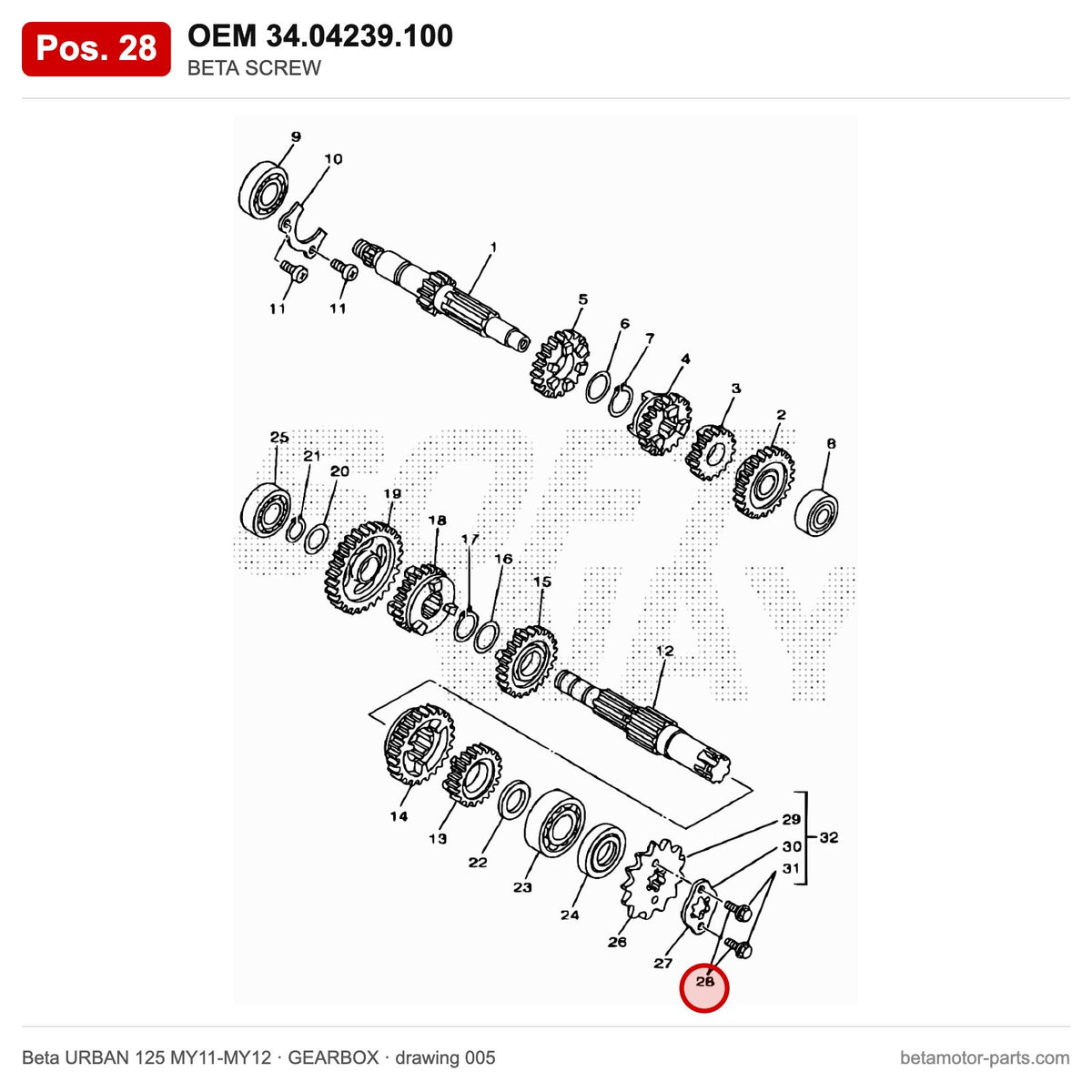 BETA SCREW – OEM 34.04239.100, position 28 on the Beta URBAN 125 MY11-MY12 gearbox drawing
