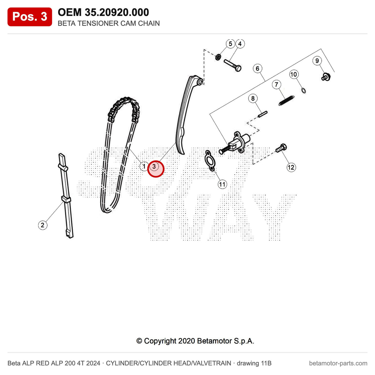 BETA TENSIONER CAM CHAIN – OEM 35.20920.000, position 3 on the Beta ALP RED ALP 200 4T 2024 cylinder/cylinder head/valvetrain drawing