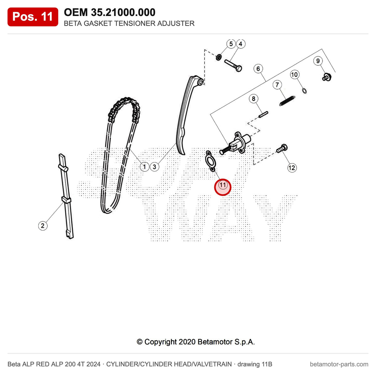 BETA GASKET TENSIONER ADJUSTER – OEM 35.21000.000, position 11 on the Beta ALP RED ALP 200 4T 2024 cylinder/cylinder head/valvetrain drawing